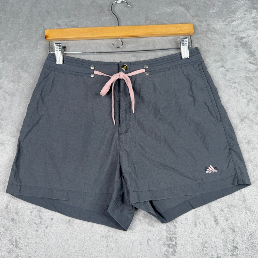 Vintage‎ Adidas Nylon Shorts Womens 8 Gray Pink Drawstring Athletic Activewear